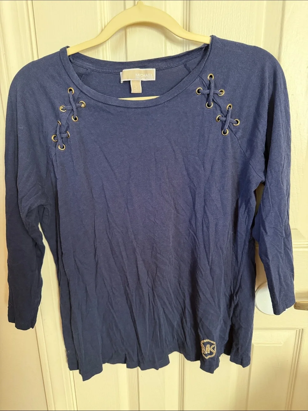 Michael Kors Navy Long-Sleeve Lace-Up Shoulder Top